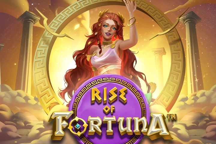 Rise of Fortuna slot promo banner with Fortuna goddess, golden columns and clouds