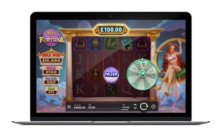 Rise of Fortuna mobile slot gameplay showing Fortuna Wheel bonus feature